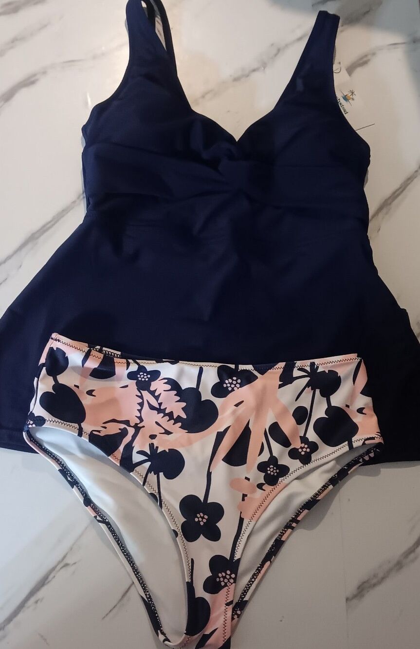 Beach Sissi Twist Front Blue Floral Tankini Swimsuit-2 Piece Set Size Small